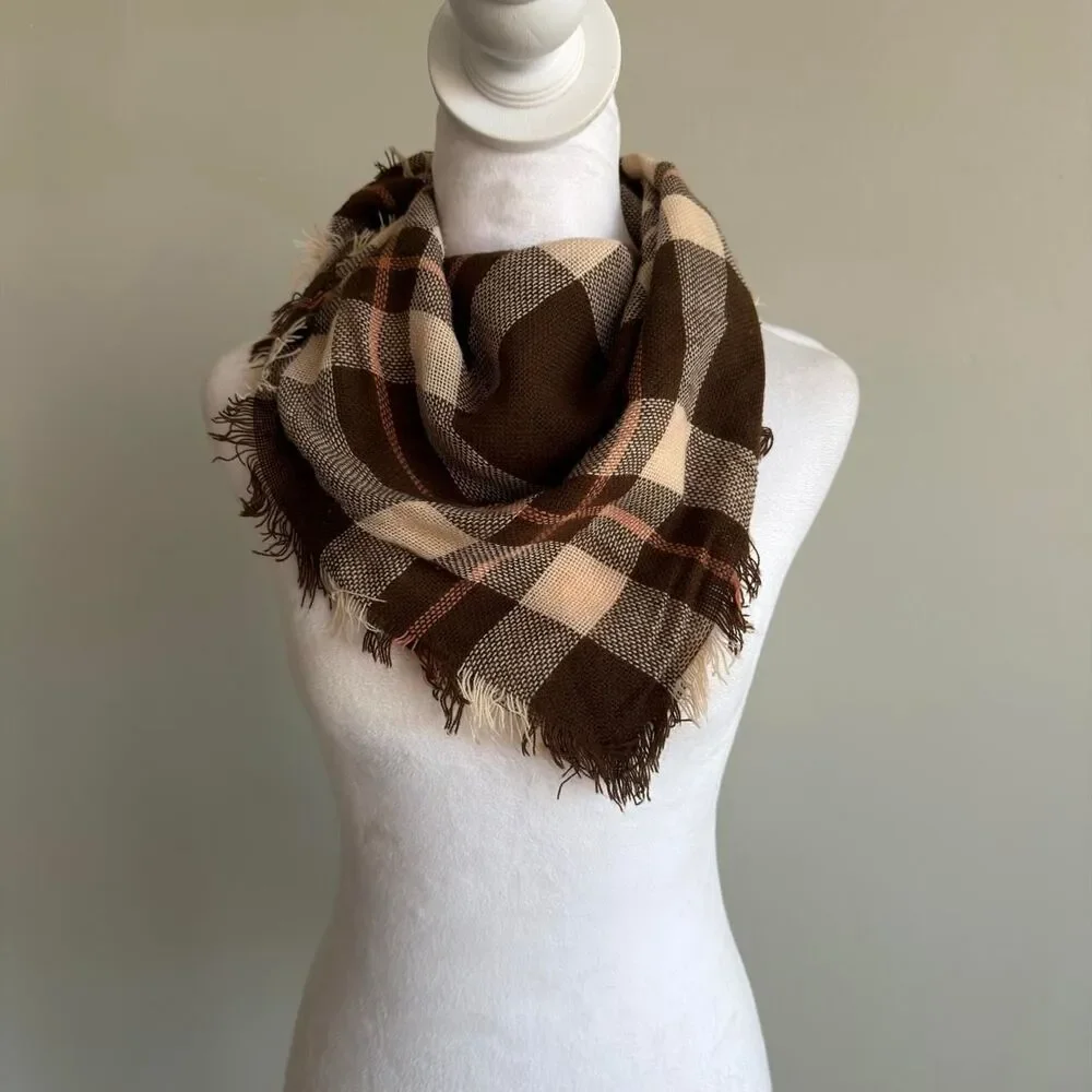 Unbranded Vintage Women's Chocolate Brown Cream & Pink Plaid Scarf Equestrian